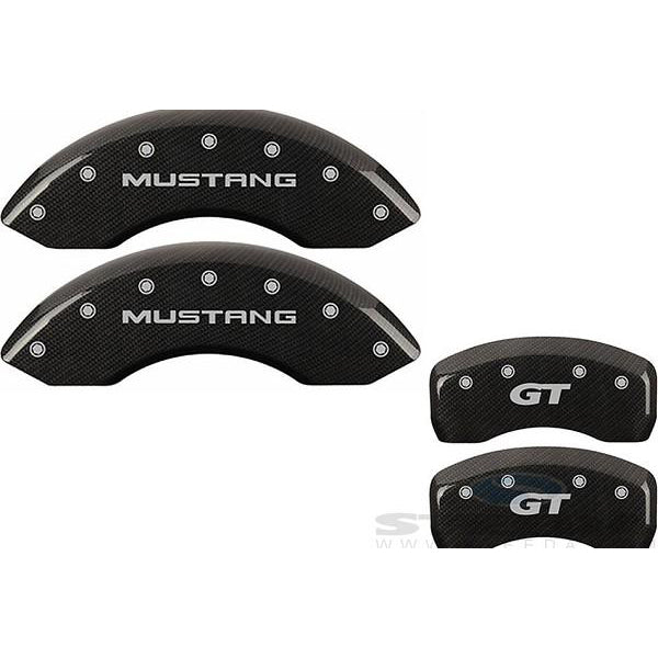 MGP Mustang Caliper Covers - Carbon Fiber w/ Pony Tri-Bar Logo - Front & Rear (05-10 GT, Bullitt, V6) 228 10197SMBPCF